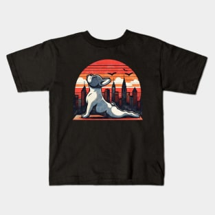 French bulldog, yoga style, silhouette frenchie on watercolor sunset and city Kids T-Shirt